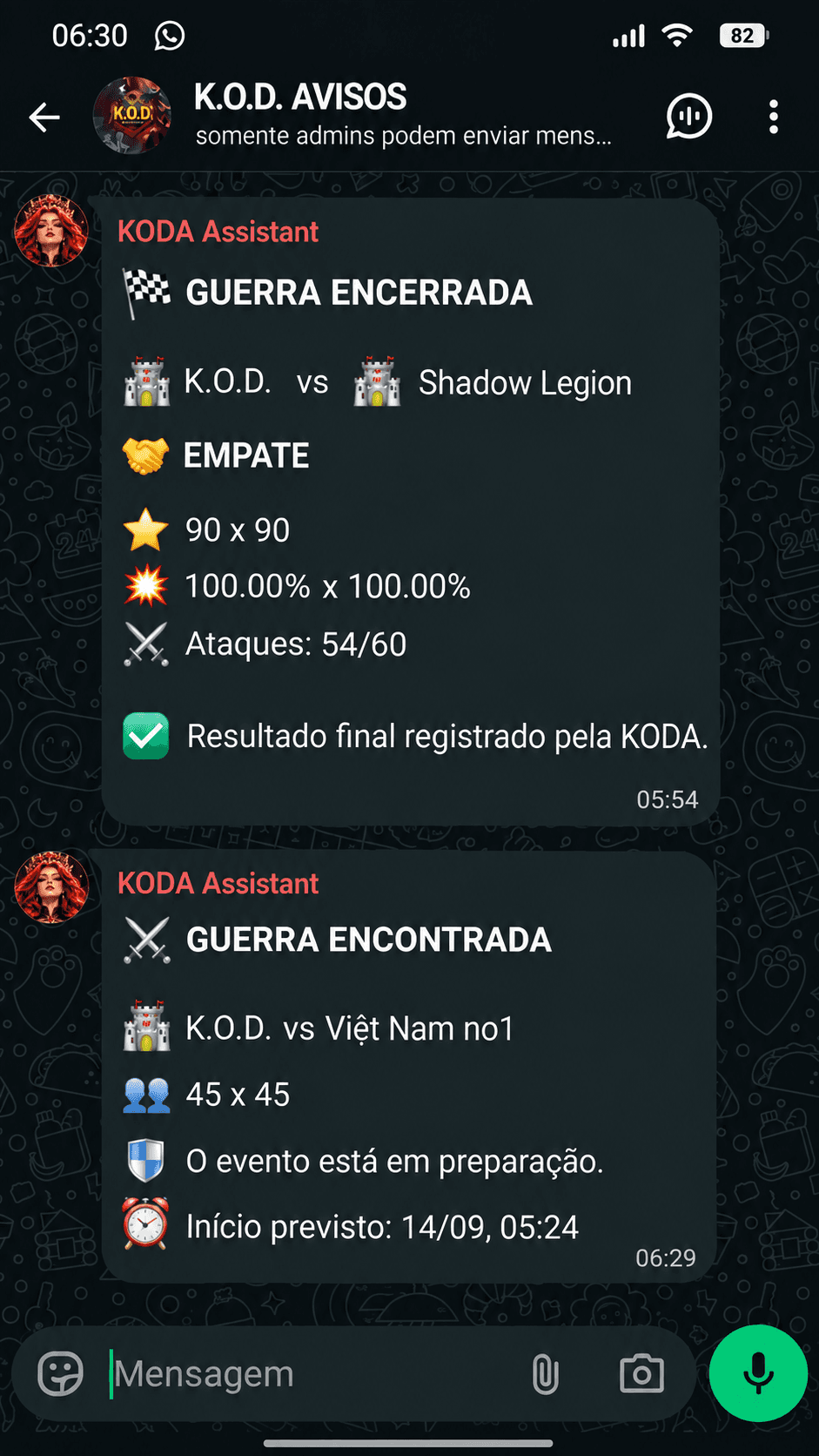 Notificações de guerra da KODA